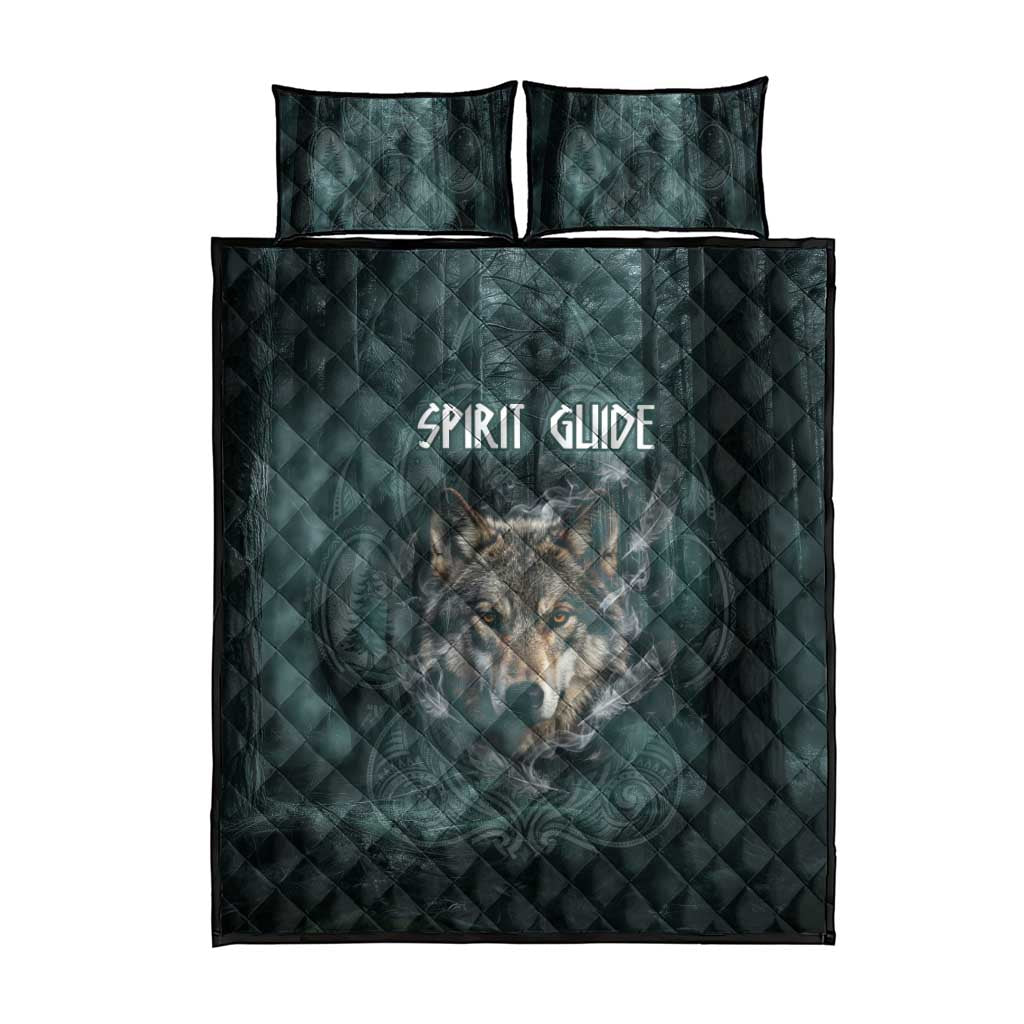Spirit Guide Wolf Quilt Bed Set with Forest Background Tribal Paw Print with Nature Symbols Native American - Wonder Print Shop