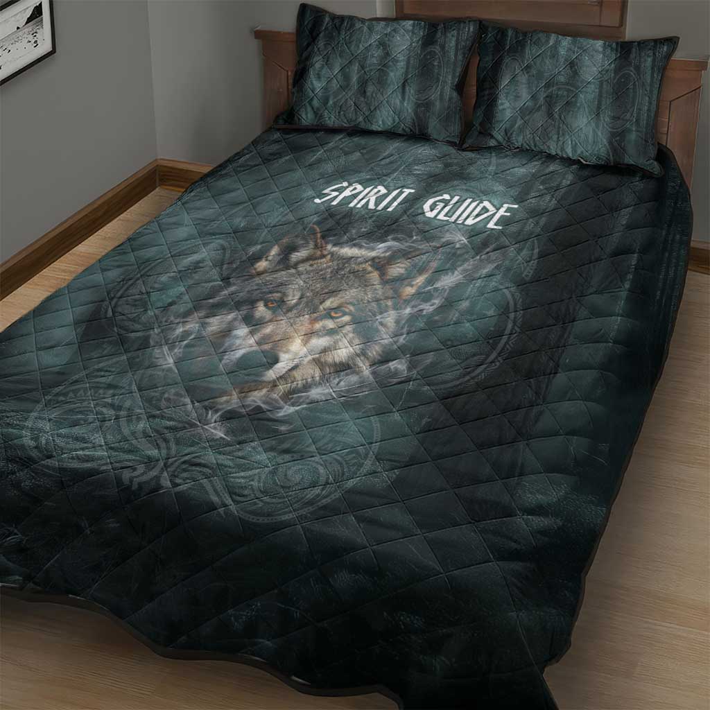 Spirit Guide Wolf Quilt Bed Set with Forest Background Tribal Paw Print with Nature Symbols Native American - Wonder Print Shop