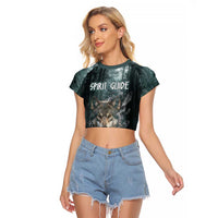 Spirit Guide Wolf Raglan Cropped T Shirt with Forest Background Tribal Paw Print with Nature Symbols Native American - Wonder Print Shop