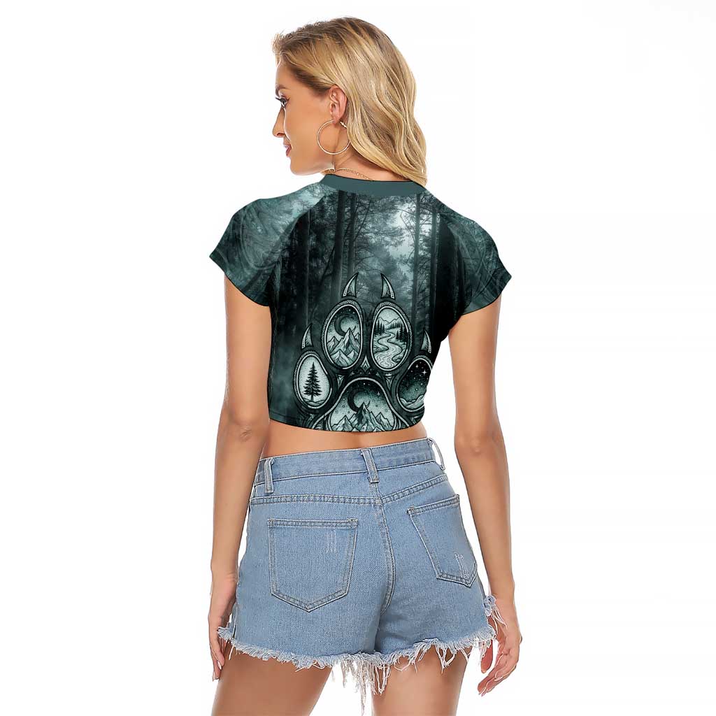 Spirit Guide Wolf Raglan Cropped T Shirt with Forest Background Tribal Paw Print with Nature Symbols Native American - Wonder Print Shop