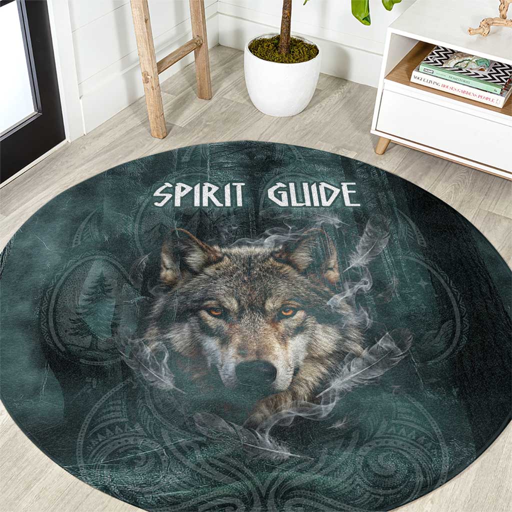 Spirit Guide Wolf Round Carpet with Forest Background Tribal Paw Print with Nature Symbols Native American - Wonder Print Shop