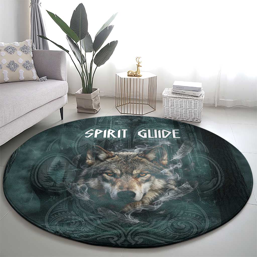 Spirit Guide Wolf Round Carpet with Forest Background Tribal Paw Print with Nature Symbols Native American - Wonder Print Shop