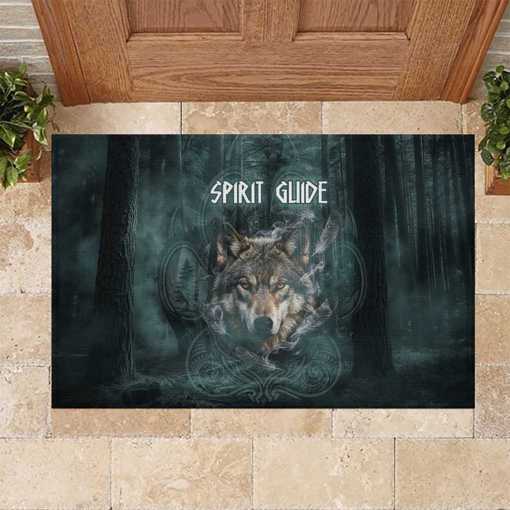 Spirit Guide Wolf Rubber Doormat with Forest Background Tribal Paw Print with Nature Symbols Native American - Wonder Print Shop