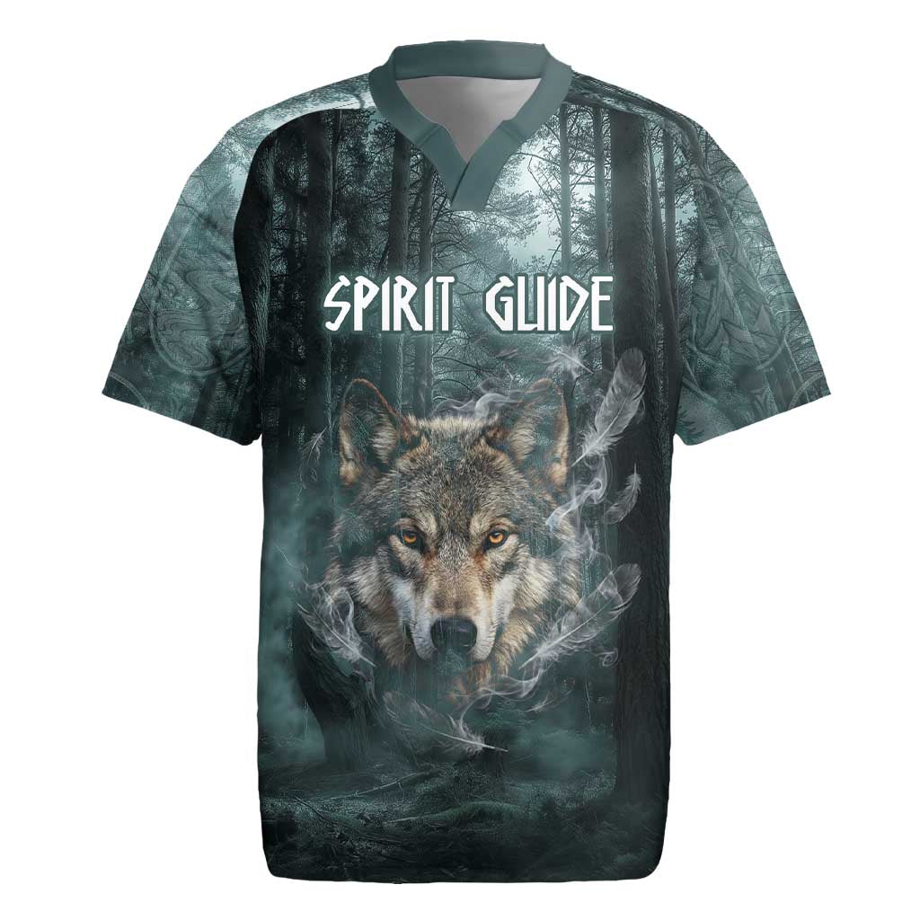 Spirit Guide Wolf Rugby Jersey with Forest Background Tribal Paw Print with Nature Symbols Native American - Wonder Print Shop