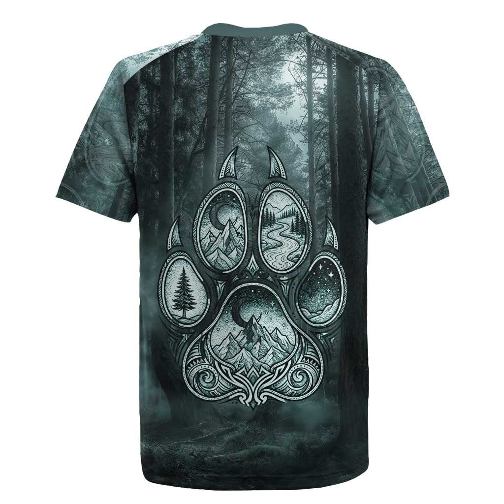 Spirit Guide Wolf Rugby Jersey with Forest Background Tribal Paw Print with Nature Symbols Native American - Wonder Print Shop