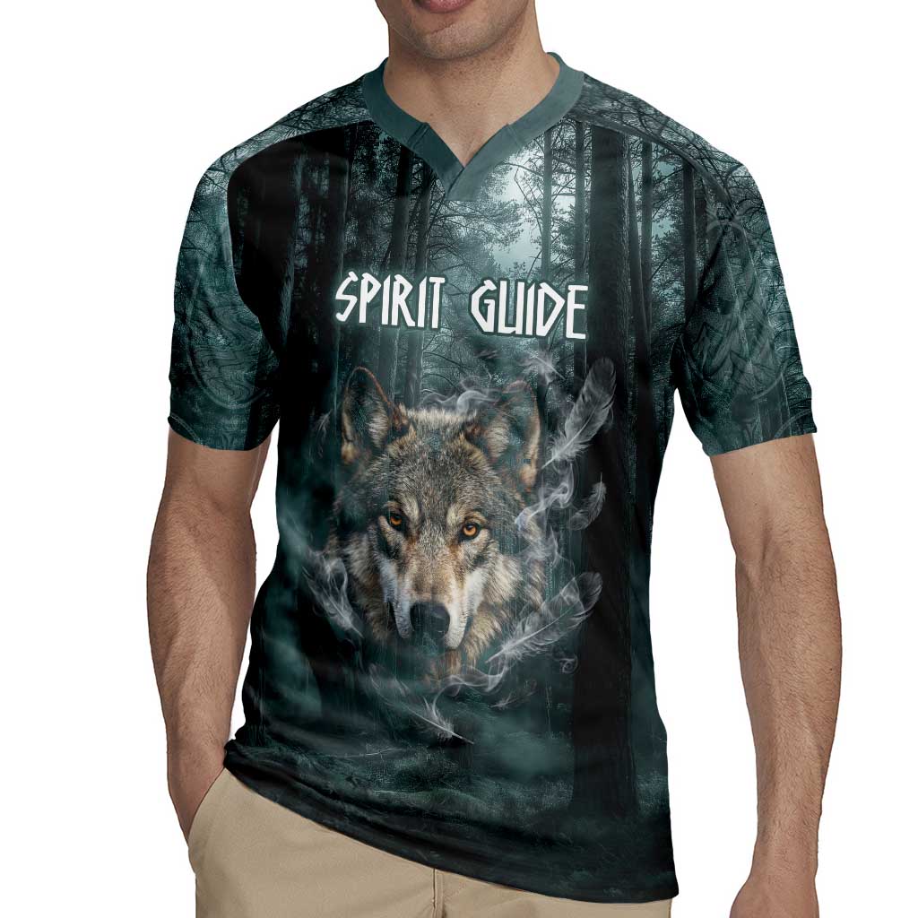 Spirit Guide Wolf Rugby Jersey with Forest Background Tribal Paw Print with Nature Symbols Native American - Wonder Print Shop