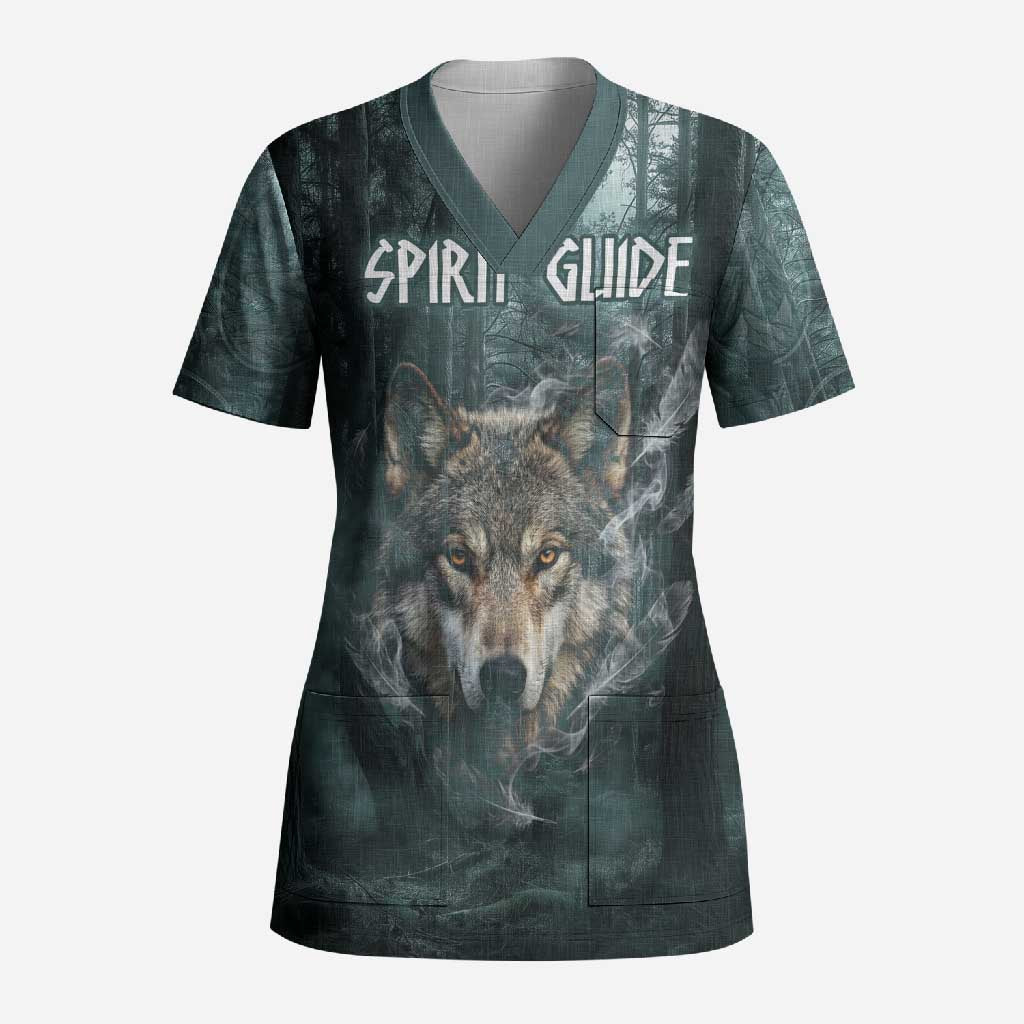Spirit Guide Wolf Scrub Top with Forest Background Tribal Paw Print with Nature Symbols Native American - Wonder Print Shop