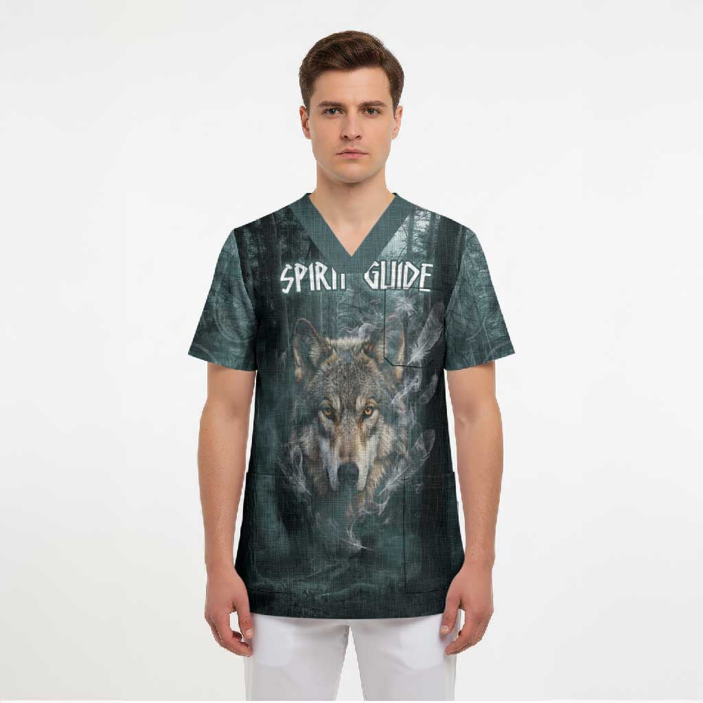 Spirit Guide Wolf Scrub Top with Forest Background Tribal Paw Print with Nature Symbols Native American - Wonder Print Shop