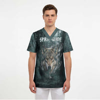 Spirit Guide Wolf Scrub Top with Forest Background Tribal Paw Print with Nature Symbols Native American - Wonder Print Shop