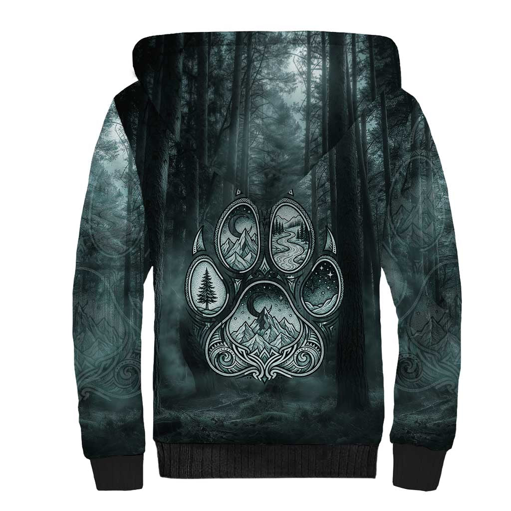 Spirit Guide Wolf Sherpa Hoodie with Forest Background Tribal Paw Print with Nature Symbols Native American - Wonder Print Shop