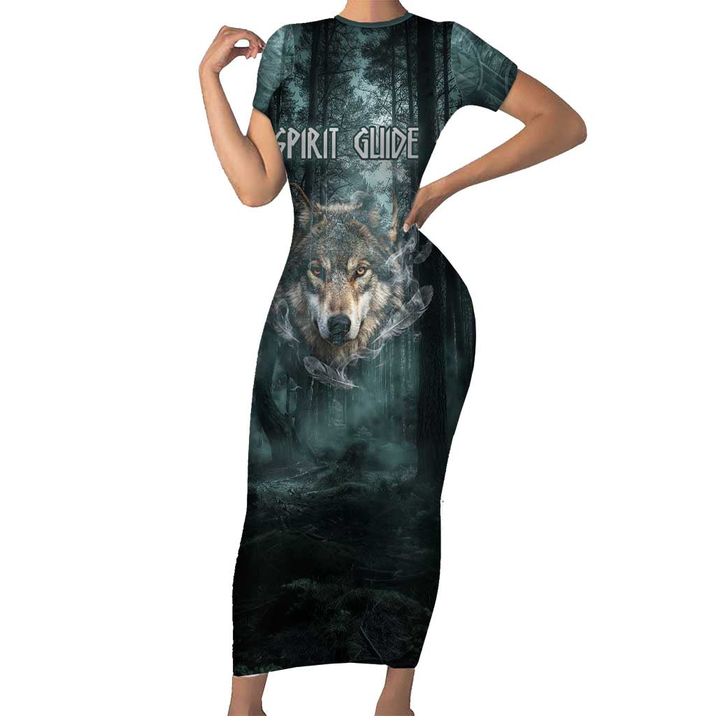 Spirit Guide Wolf Short Sleeve Bodycon Dress with Forest Background Tribal Paw Print with Nature Symbols Native American - Wonder Print Shop
