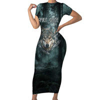 Spirit Guide Wolf Short Sleeve Bodycon Dress with Forest Background Tribal Paw Print with Nature Symbols Native American - Wonder Print Shop