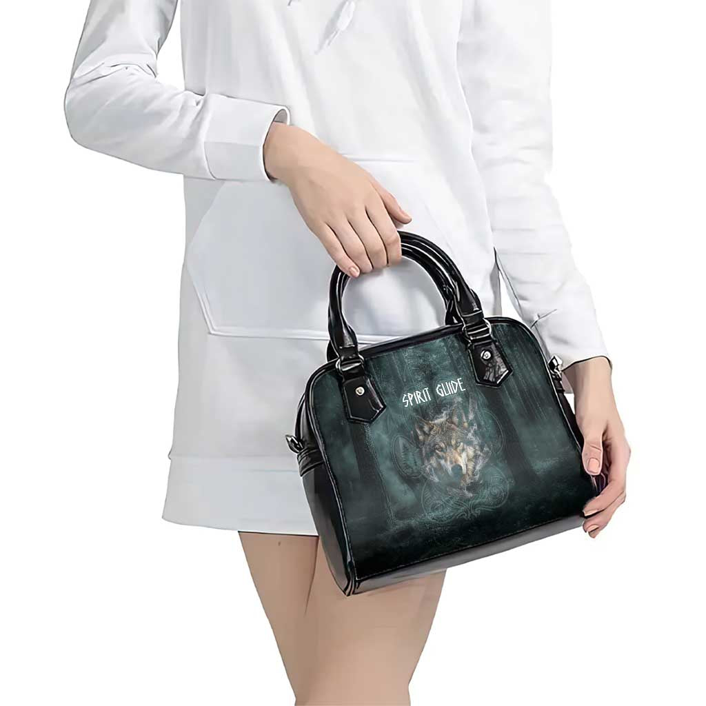 Spirit Guide Wolf Shoulder Handbag with Forest Background Tribal Paw Print with Nature Symbols Native American - Wonder Print Shop
