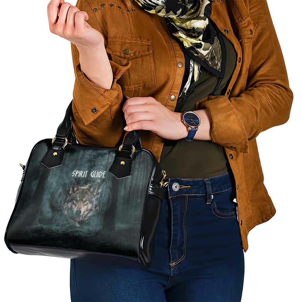 Spirit Guide Wolf Shoulder Handbag with Forest Background Tribal Paw Print with Nature Symbols Native American - Wonder Print Shop
