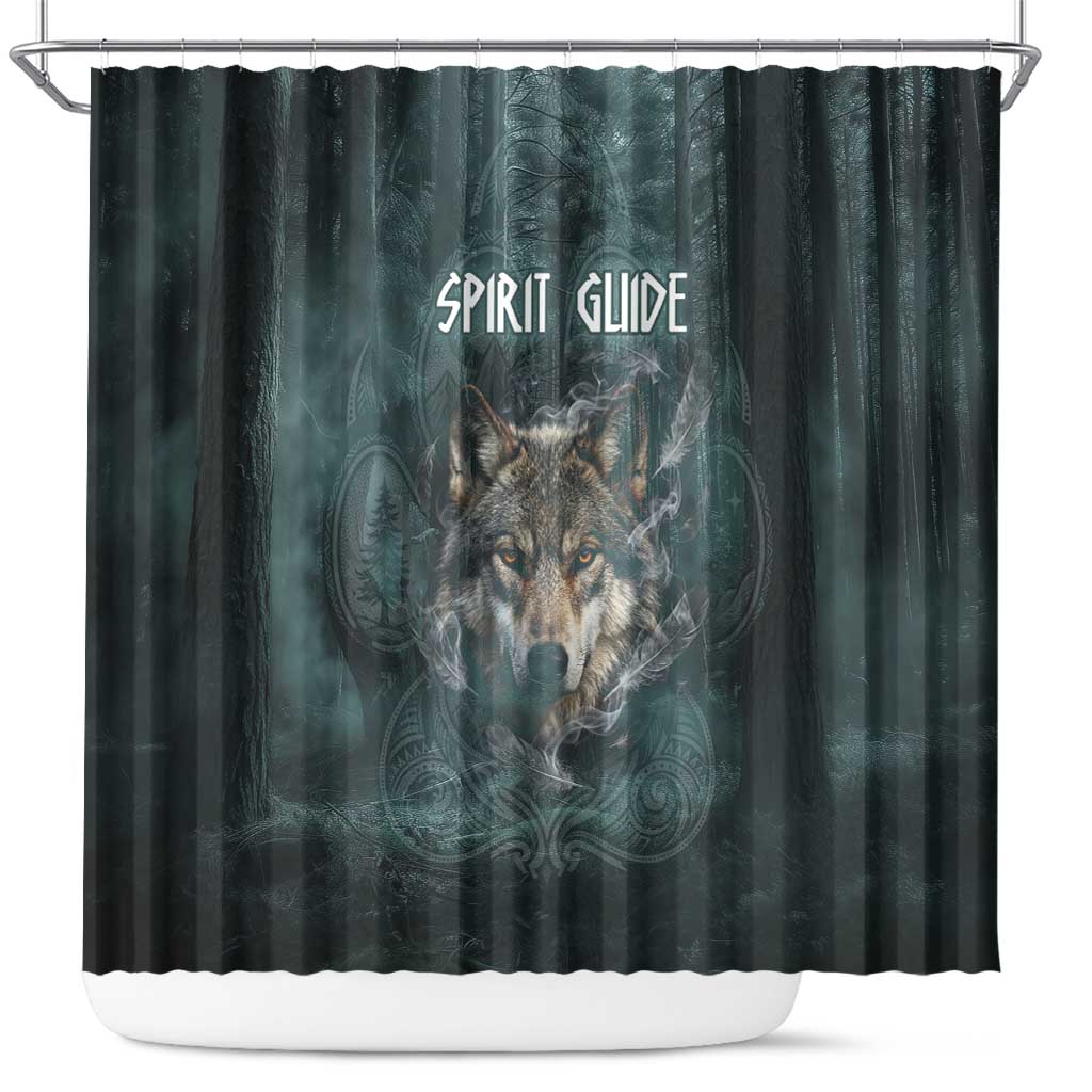 Spirit Guide Wolf Shower Curtain with Forest Background Tribal Paw Print with Nature Symbols Native American - Wonder Print Shop