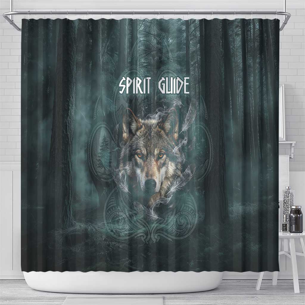 Spirit Guide Wolf Shower Curtain with Forest Background Tribal Paw Print with Nature Symbols Native American - Wonder Print Shop
