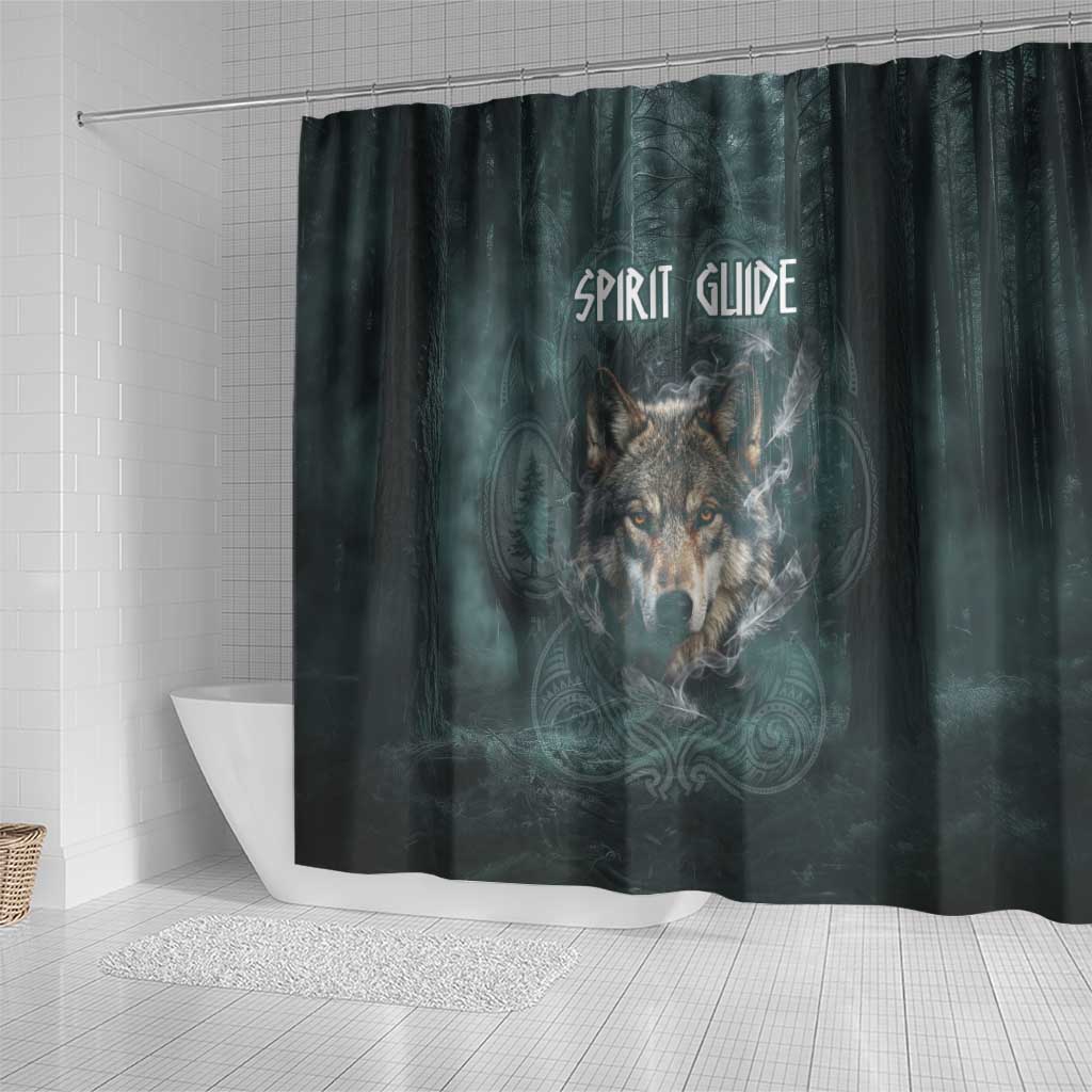 Spirit Guide Wolf Shower Curtain with Forest Background Tribal Paw Print with Nature Symbols Native American - Wonder Print Shop
