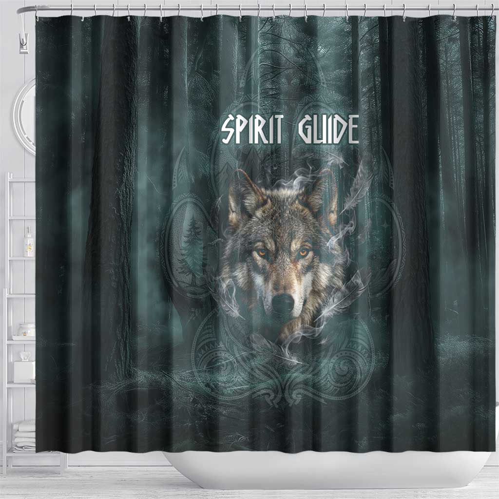 Spirit Guide Wolf Shower Curtain with Forest Background Tribal Paw Print with Nature Symbols Native American - Wonder Print Shop