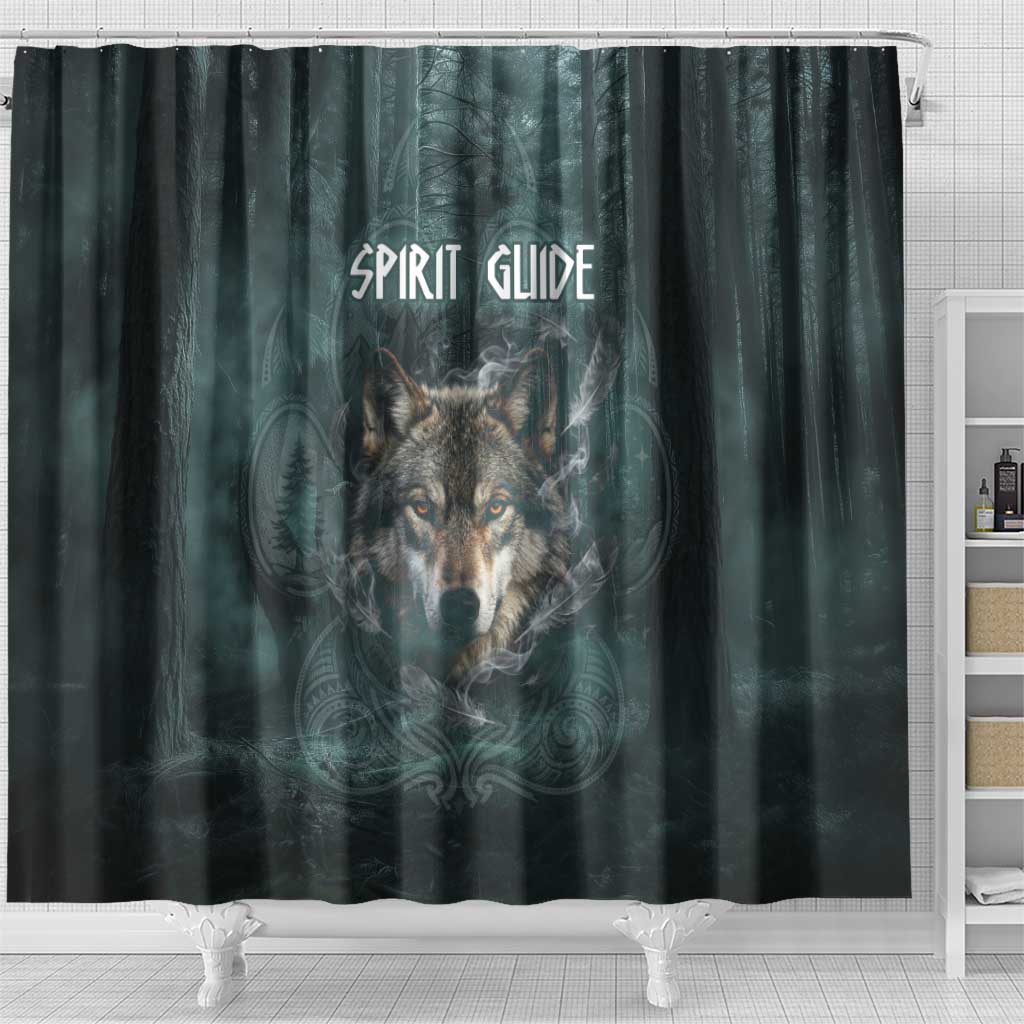 Spirit Guide Wolf Shower Curtain with Forest Background Tribal Paw Print with Nature Symbols Native American - Wonder Print Shop