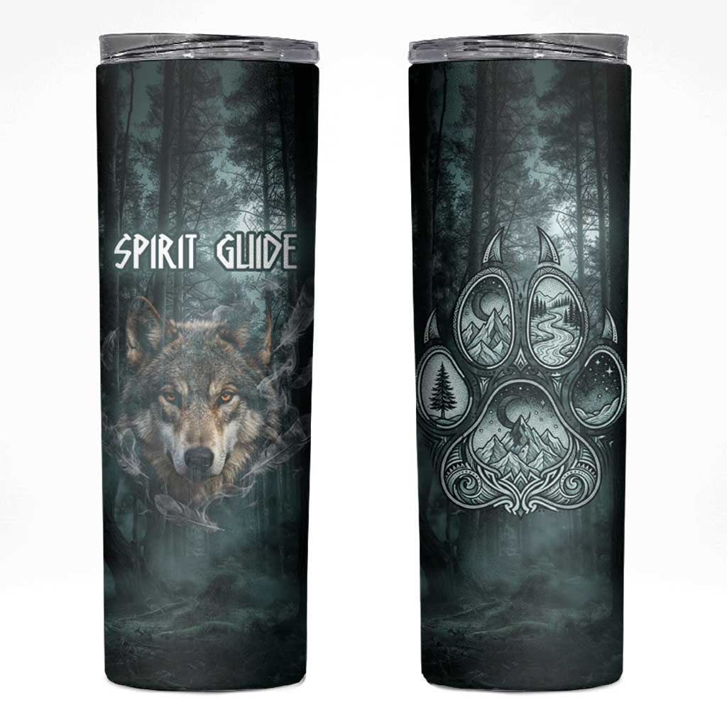 Spirit Guide Wolf Skinny Tumbler with Forest Background Tribal Paw Print with Nature Symbols Native American - Wonder Print Shop