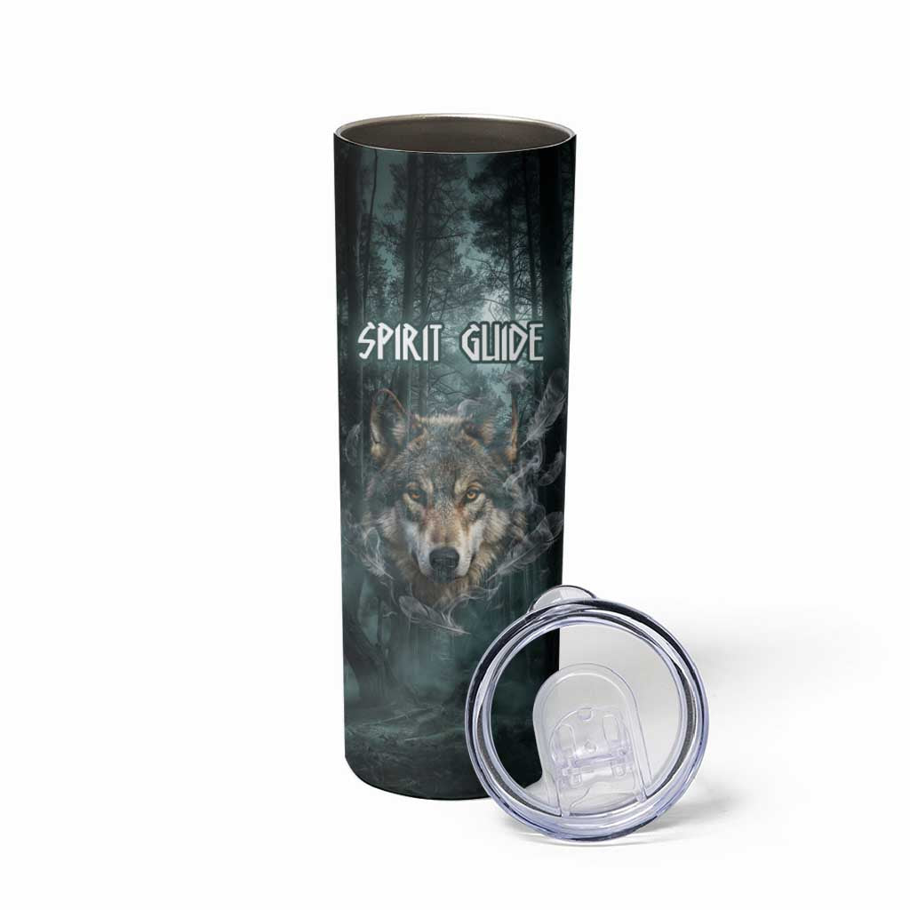 Spirit Guide Wolf Skinny Tumbler with Forest Background Tribal Paw Print with Nature Symbols Native American - Wonder Print Shop