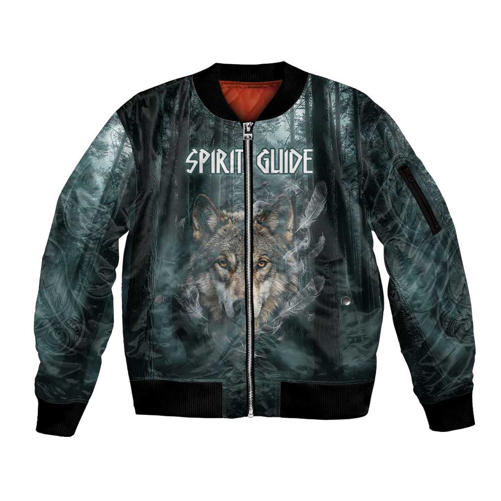 Spirit Guide Wolf Sleeve Zip Bomber Jacket with Forest Background Tribal Paw Print with Nature Symbols Native American - Wonder Print Shop