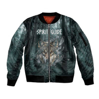 Spirit Guide Wolf Sleeve Zip Bomber Jacket with Forest Background Tribal Paw Print with Nature Symbols Native American - Wonder Print Shop