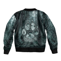 Spirit Guide Wolf Sleeve Zip Bomber Jacket with Forest Background Tribal Paw Print with Nature Symbols Native American - Wonder Print Shop