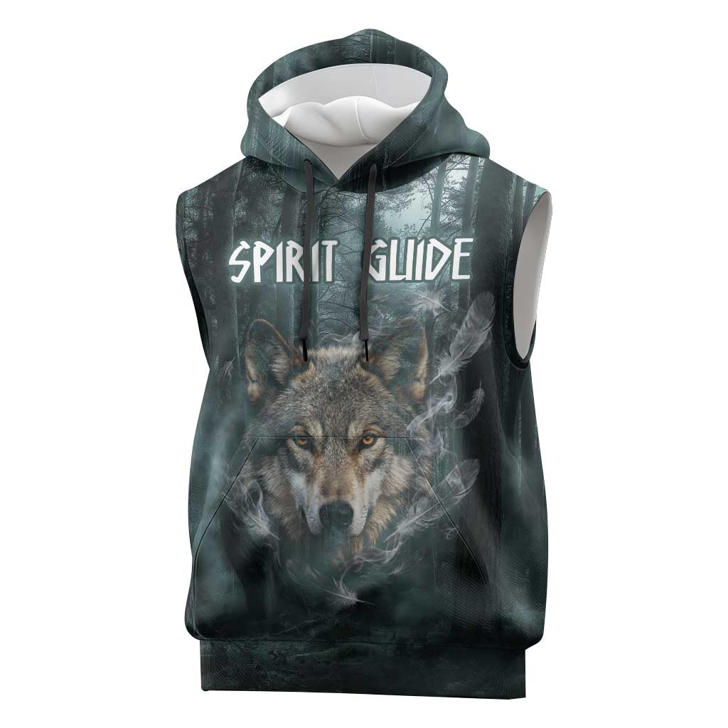 Spirit Guide Wolf Sleeveless Hoodie with Forest Background Tribal Paw Print with Nature Symbols Native American - Wonder Print Shop