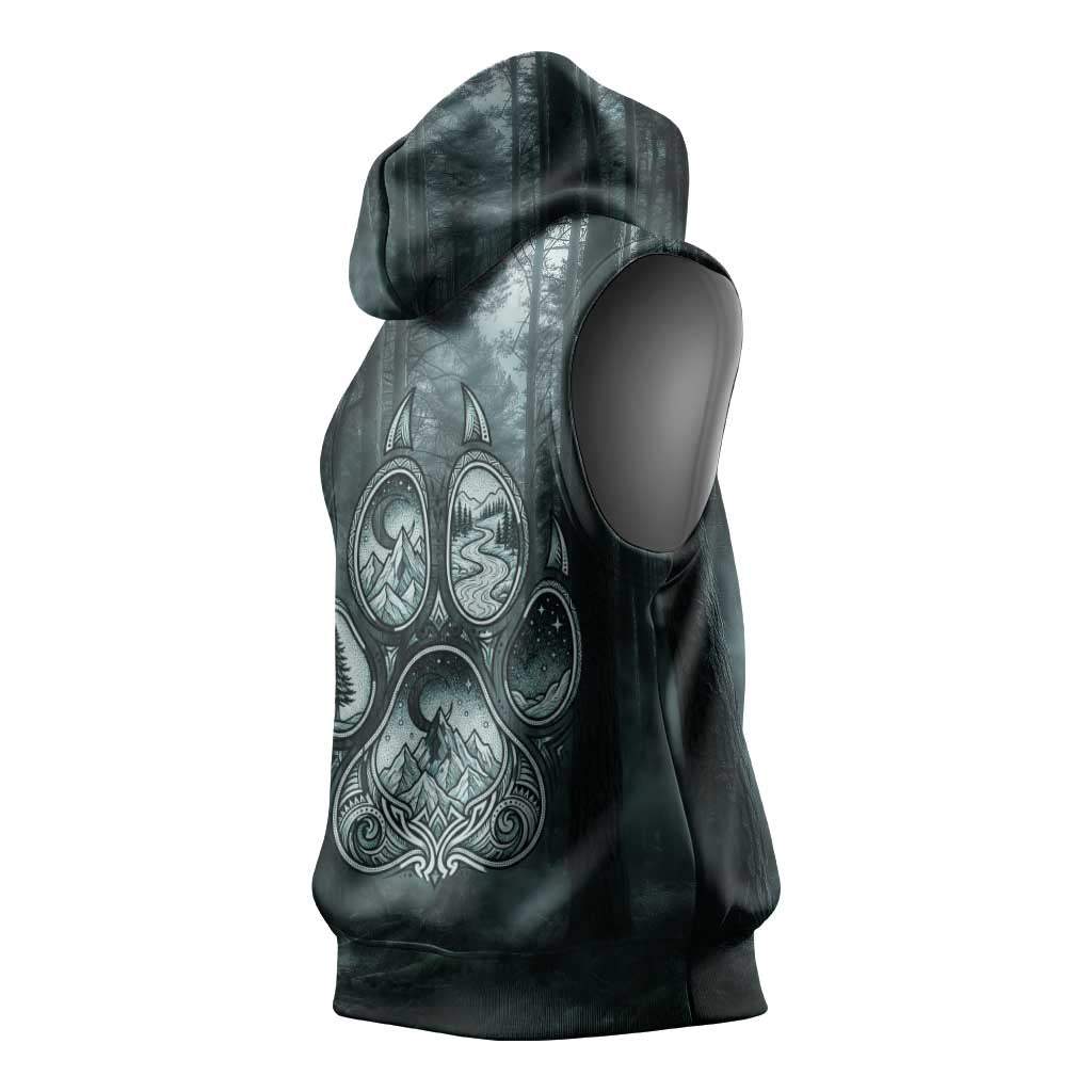 Spirit Guide Wolf Sleeveless Hoodie with Forest Background Tribal Paw Print with Nature Symbols Native American - Wonder Print Shop
