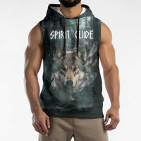 Spirit Guide Wolf Sleeveless Hoodie with Forest Background Tribal Paw Print with Nature Symbols Native American - Wonder Print Shop
