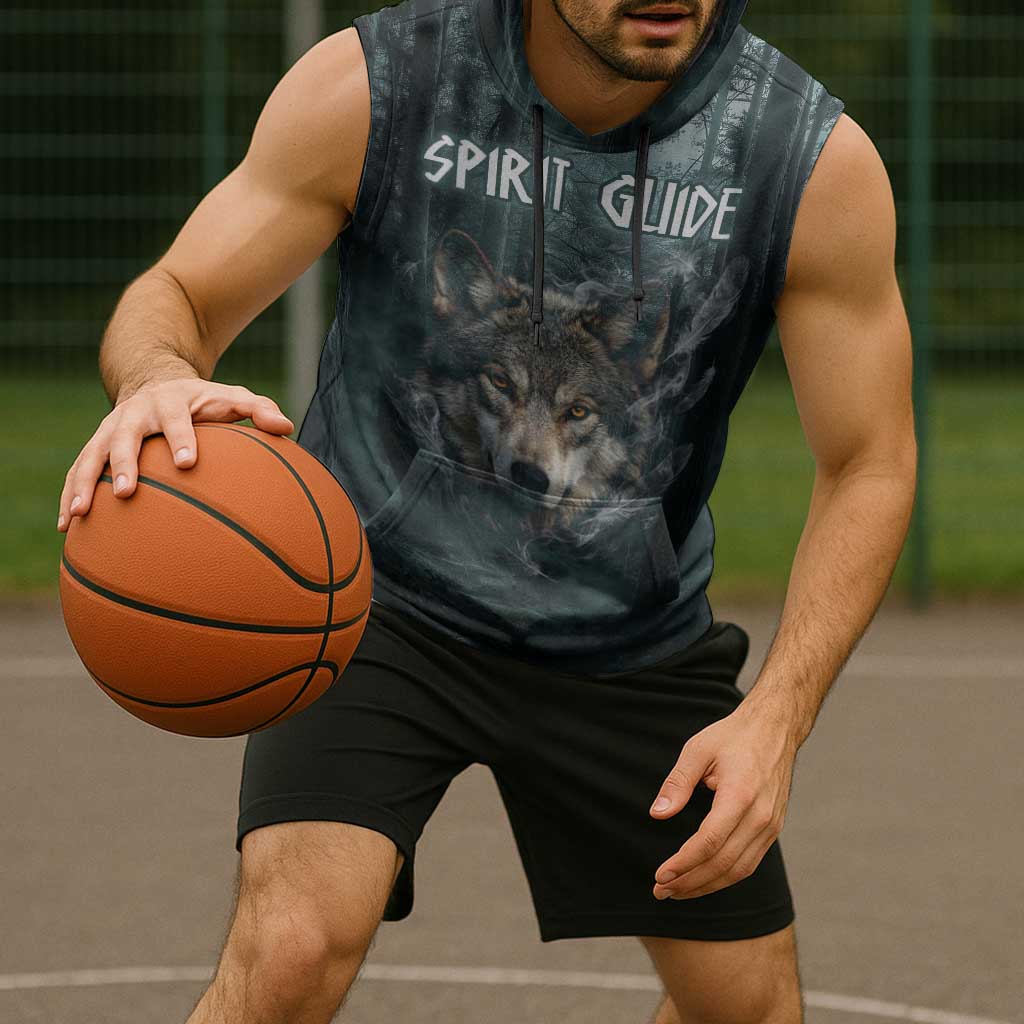 Spirit Guide Wolf Sleeveless Hoodie with Forest Background Tribal Paw Print with Nature Symbols Native American - Wonder Print Shop