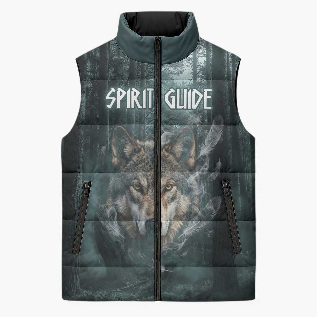 Spirit Guide Wolf Sleeveless Puffer Jacket with Forest Background Tribal Paw Print with Nature Symbols Native American - Wonder Print Shop
