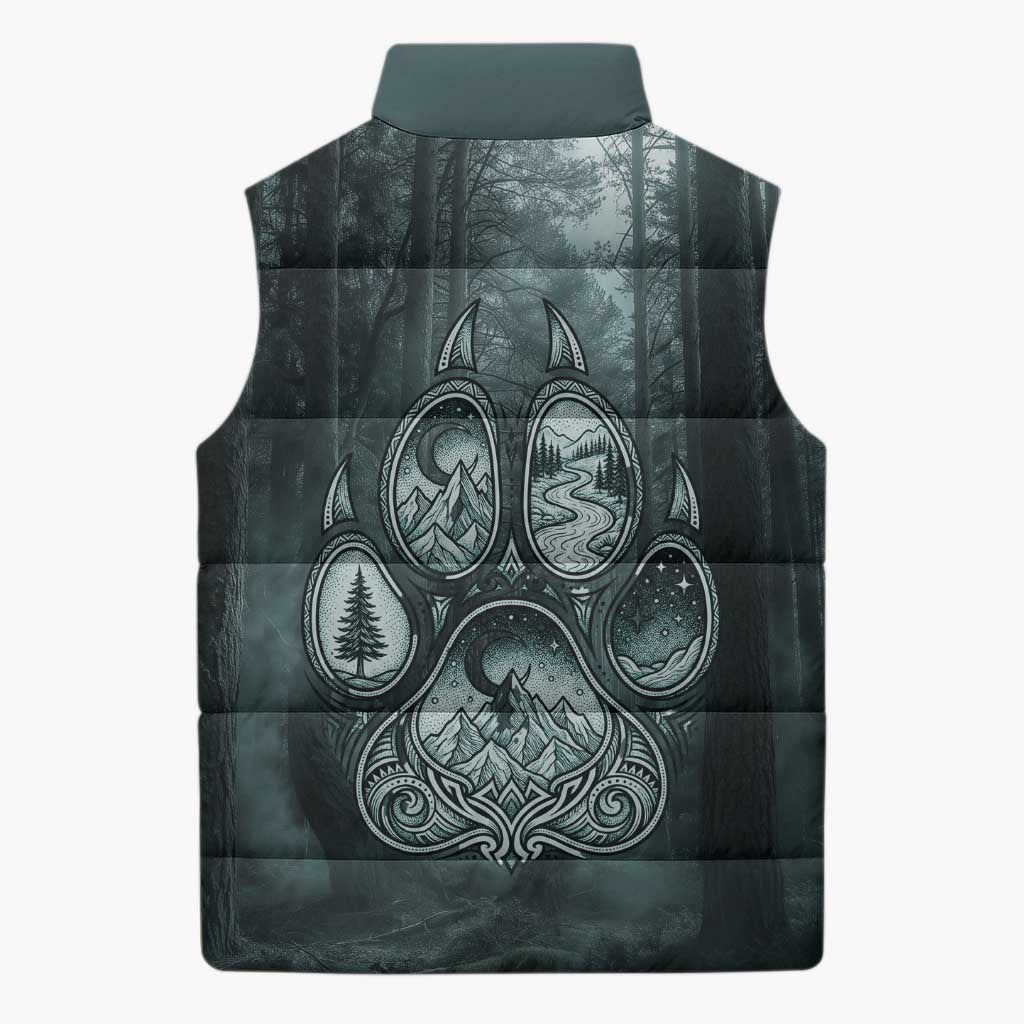 Spirit Guide Wolf Sleeveless Puffer Jacket with Forest Background Tribal Paw Print with Nature Symbols Native American - Wonder Print Shop
