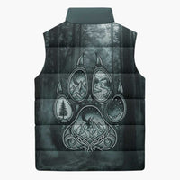 Spirit Guide Wolf Sleeveless Puffer Jacket with Forest Background Tribal Paw Print with Nature Symbols Native American - Wonder Print Shop
