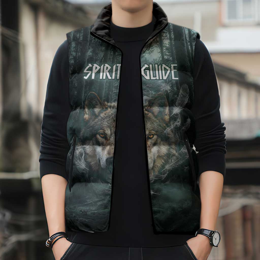 Spirit Guide Wolf Sleeveless Puffer Jacket with Forest Background Tribal Paw Print with Nature Symbols Native American - Wonder Print Shop
