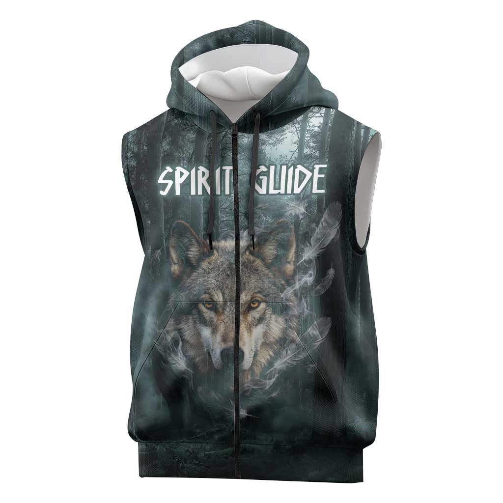 Spirit Guide Wolf Sleeveless Zip Hoodie with Forest Background Tribal Paw Print with Nature Symbols Native American - Wonder Print Shop