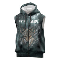 Spirit Guide Wolf Sleeveless Zip Hoodie with Forest Background Tribal Paw Print with Nature Symbols Native American - Wonder Print Shop