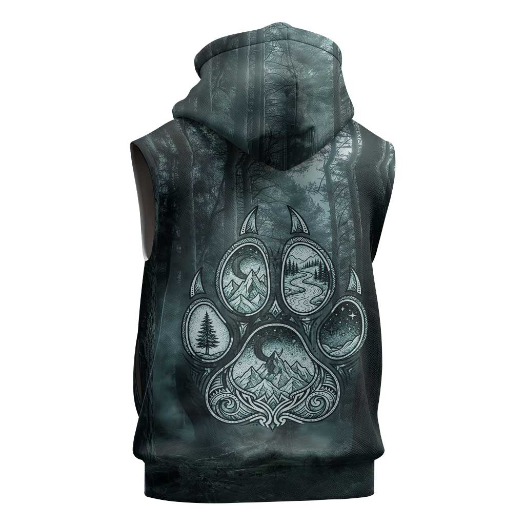 Spirit Guide Wolf Sleeveless Zip Hoodie with Forest Background Tribal Paw Print with Nature Symbols Native American - Wonder Print Shop