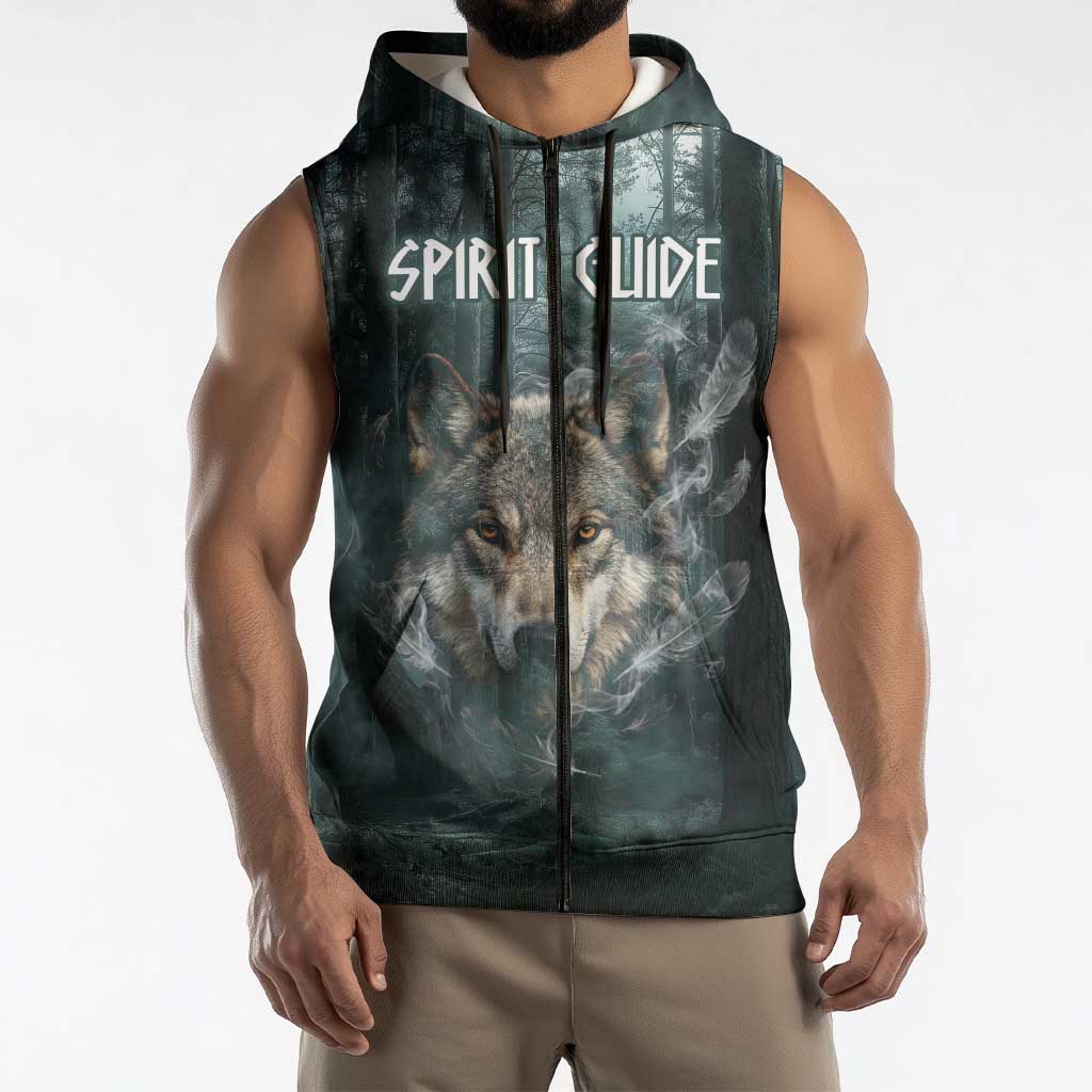 Spirit Guide Wolf Sleeveless Zip Hoodie with Forest Background Tribal Paw Print with Nature Symbols Native American - Wonder Print Shop