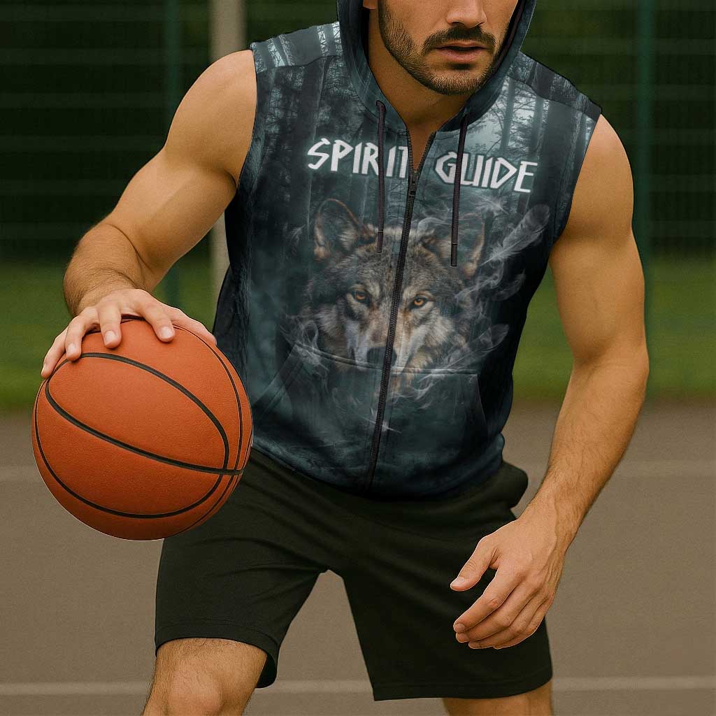 Spirit Guide Wolf Sleeveless Zip Hoodie with Forest Background Tribal Paw Print with Nature Symbols Native American - Wonder Print Shop