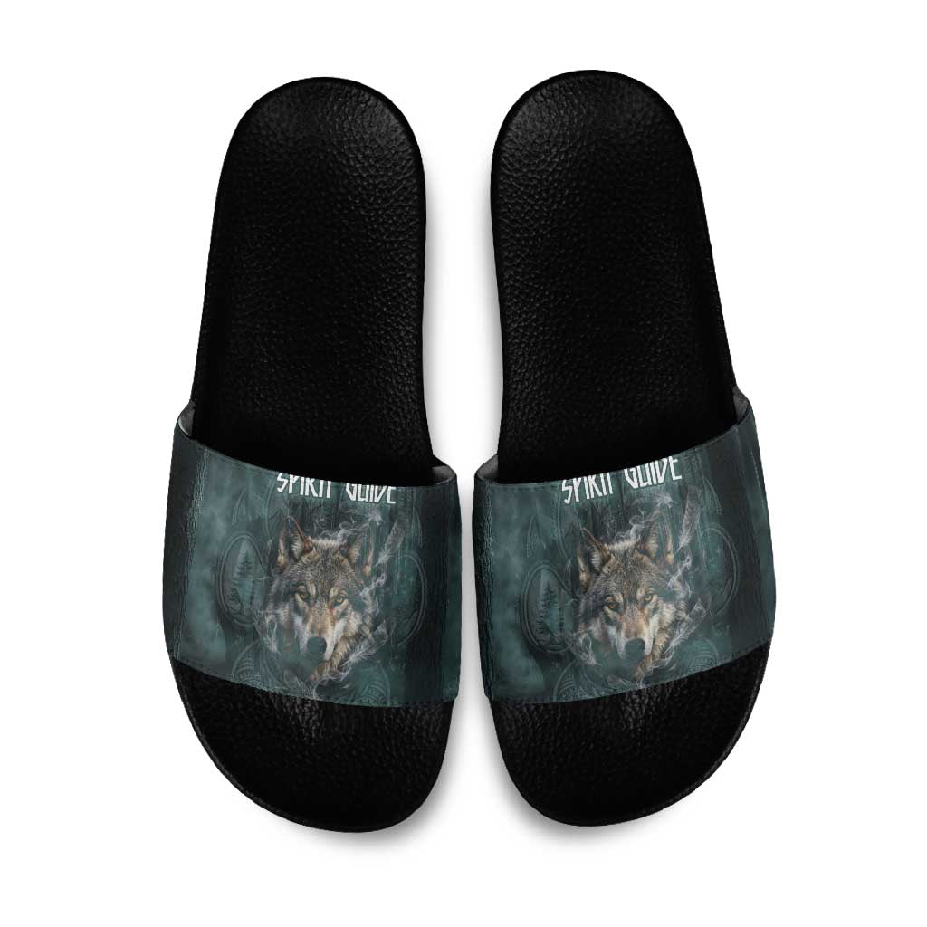 Spirit Guide Wolf Slide Sandals with Forest Background Tribal Paw Print with Nature Symbols Native American - Wonder Print Shop