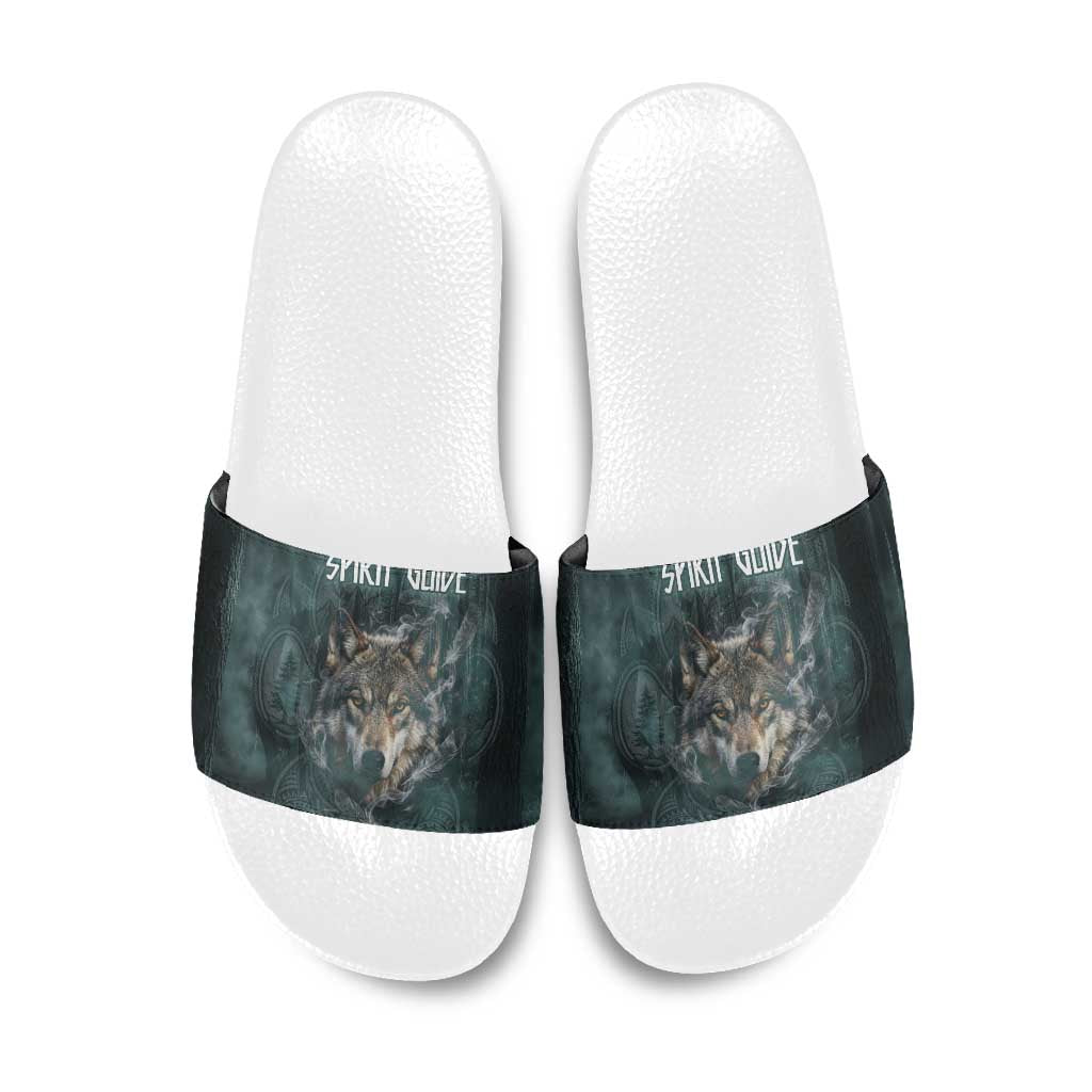 Spirit Guide Wolf Slide Sandals with Forest Background Tribal Paw Print with Nature Symbols Native American - Wonder Print Shop