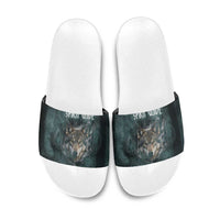 Spirit Guide Wolf Slide Sandals with Forest Background Tribal Paw Print with Nature Symbols Native American - Wonder Print Shop