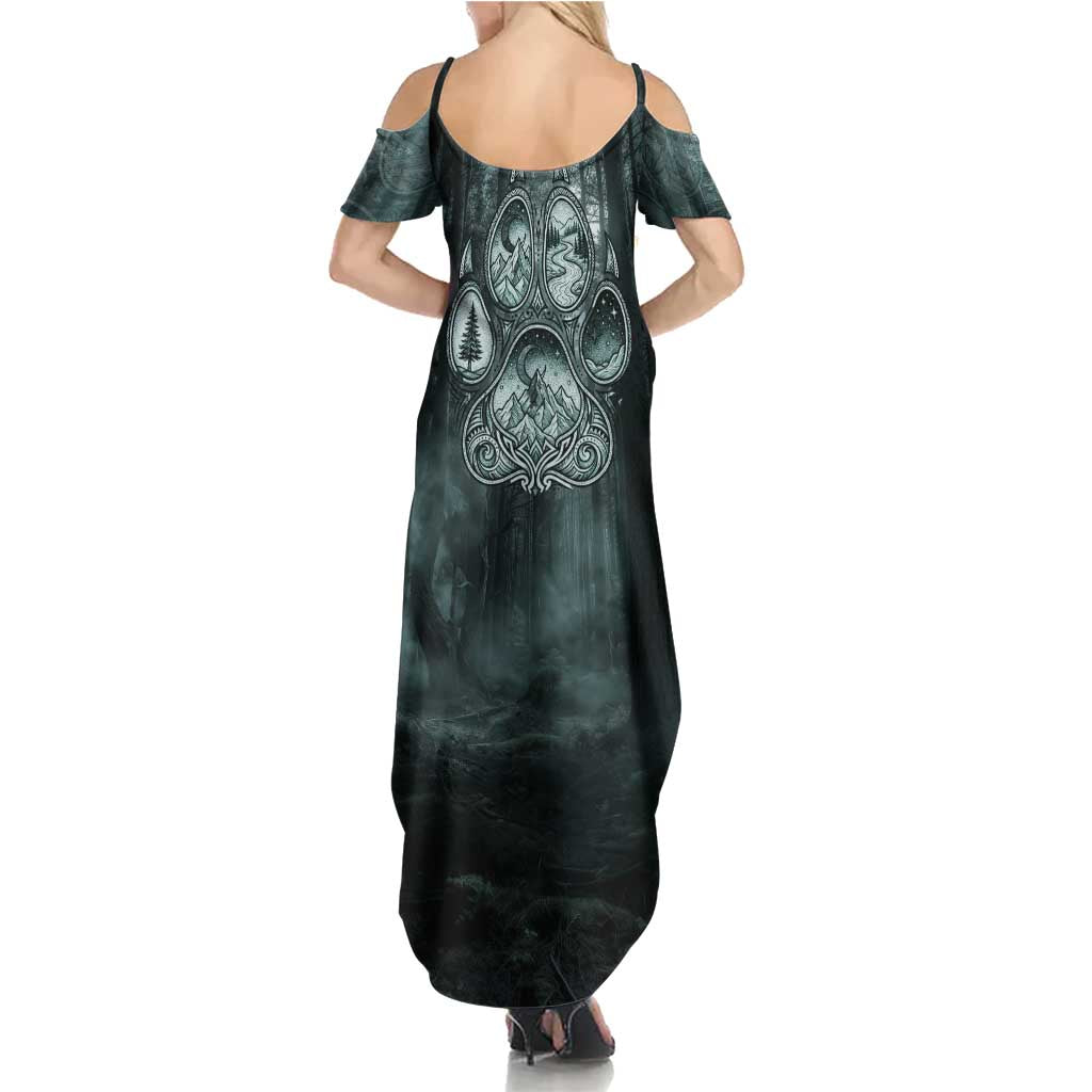 Spirit Guide Wolf Summer Maxi Dress with Forest Background Tribal Paw Print with Nature Symbols Native American - Wonder Print Shop