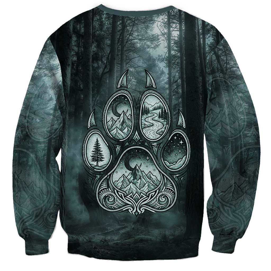 Spirit Guide Wolf Sweatshirt with Forest Background Tribal Paw Print with Nature Symbols Native American - Wonder Print Shop