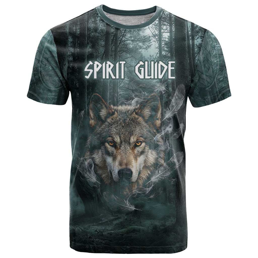 Spirit Guide Wolf T Shirt with Forest Background Tribal Paw Print with Nature Symbols Native American - Wonder Print Shop