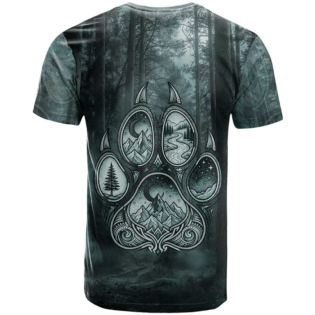 Spirit Guide Wolf T Shirt with Forest Background Tribal Paw Print with Nature Symbols Native American - Wonder Print Shop