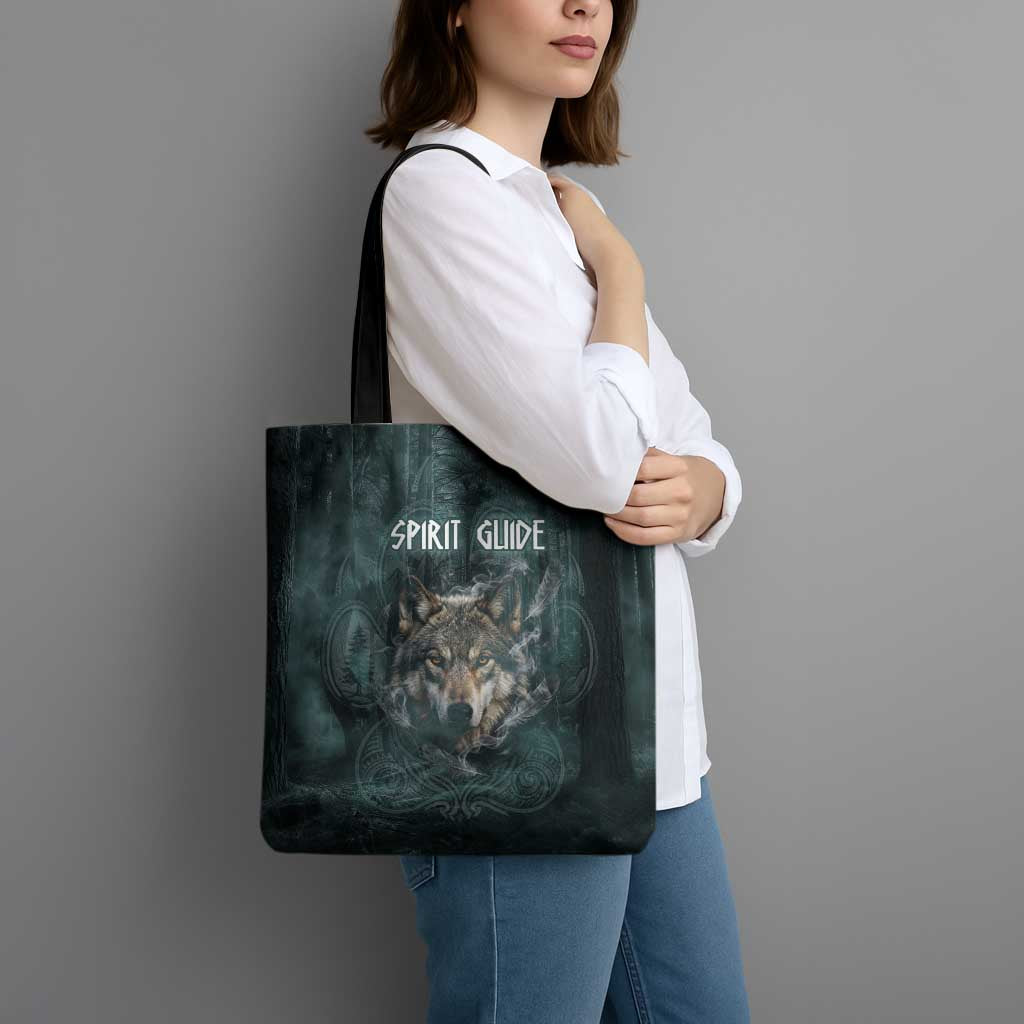 Spirit Guide Wolf Tote Bag with Forest Background Tribal Paw Print with Nature Symbols Native American - Wonder Print Shop