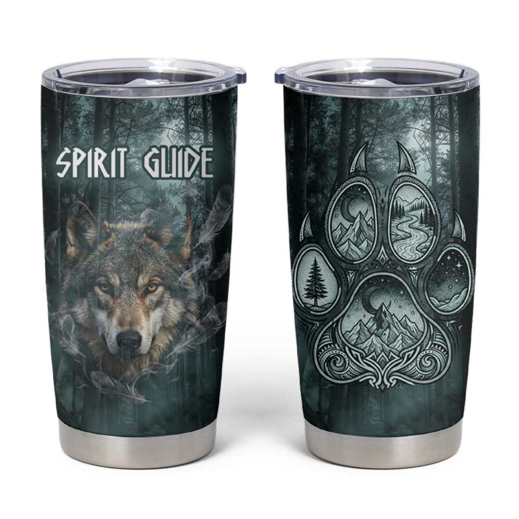Spirit Guide Wolf Tumbler Cup with Forest Background Tribal Paw Print with Nature Symbols Native American - Wonder Print Shop